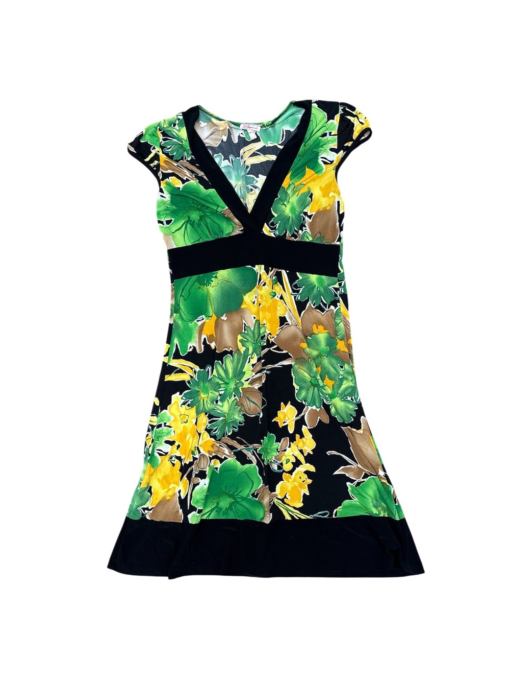 Y2K Lipstick Floral Fit-and-Flare Dress with Green & Yellow Print